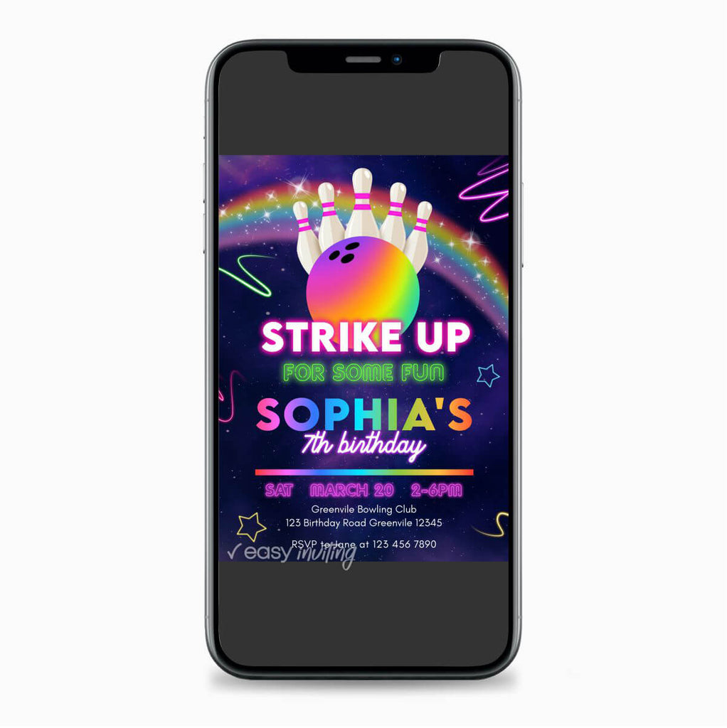 Neon Bowling Birthday Invitation for Girls - Print Me Pretty