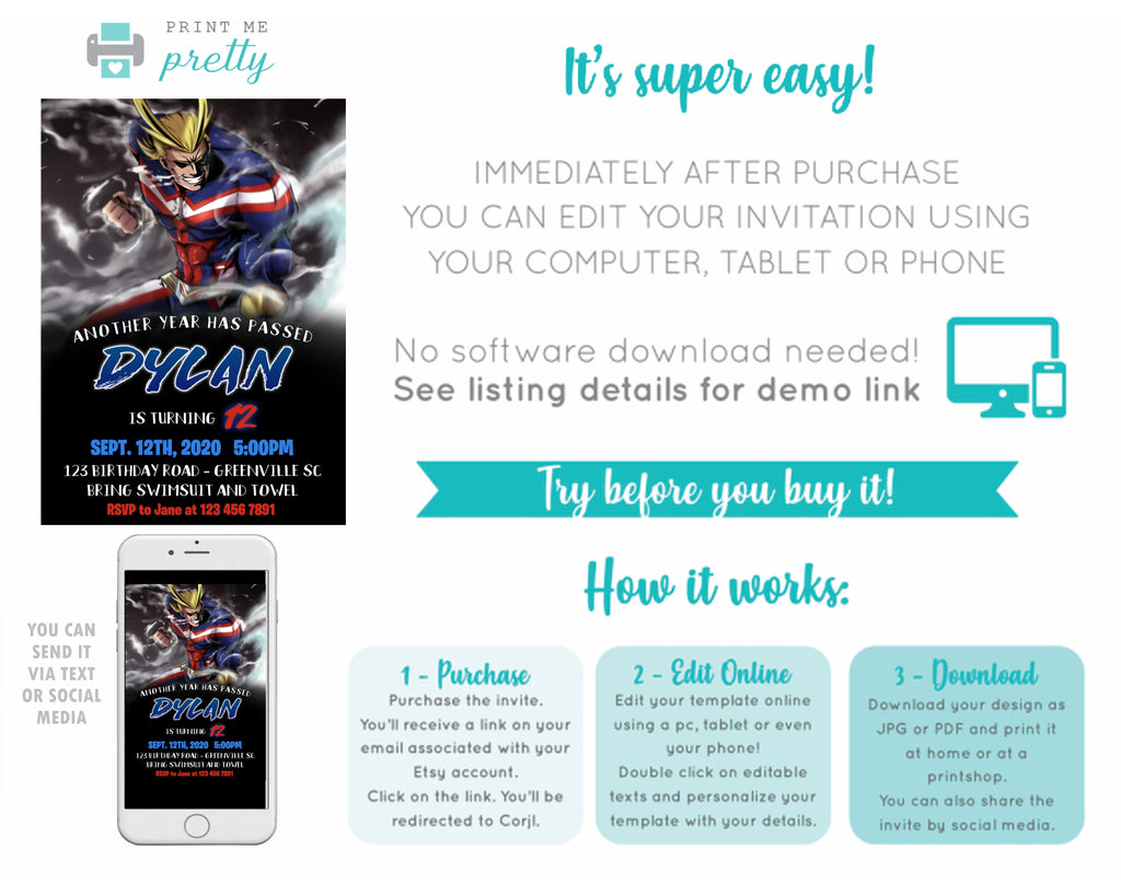 My Hero Academia All Might Birthday Invitation - Print Me Pretty