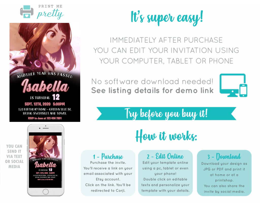 My Hero Academia Ochaco Uraraka Birthday Invitation - Print Me Pretty