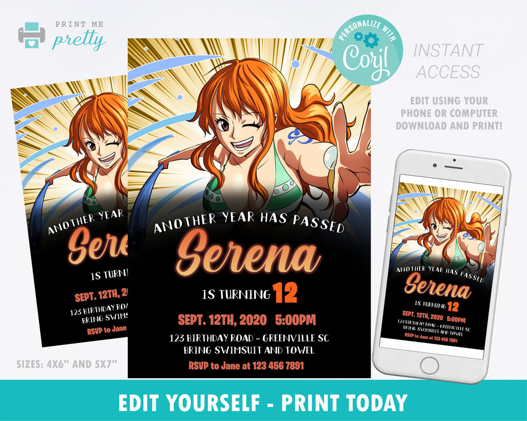 Nami One Piece Anime Birthday Invitation Evite - Print Me Pretty