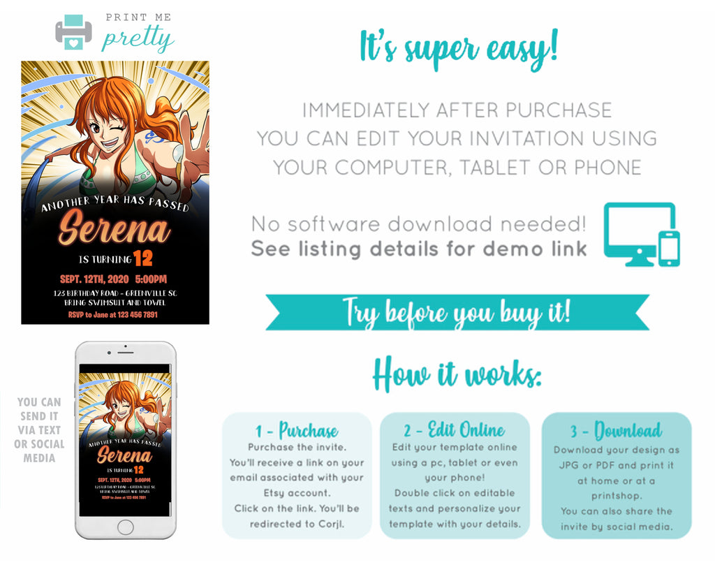 Nami One Piece Anime Birthday Invitation Evite - Print Me Pretty