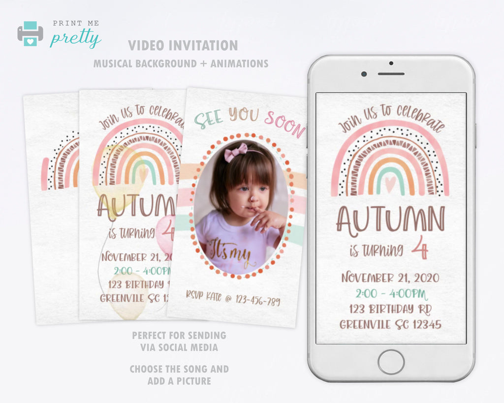 Boho Rainbow Birthday Invitation Video Animated Card - Print Me Pretty