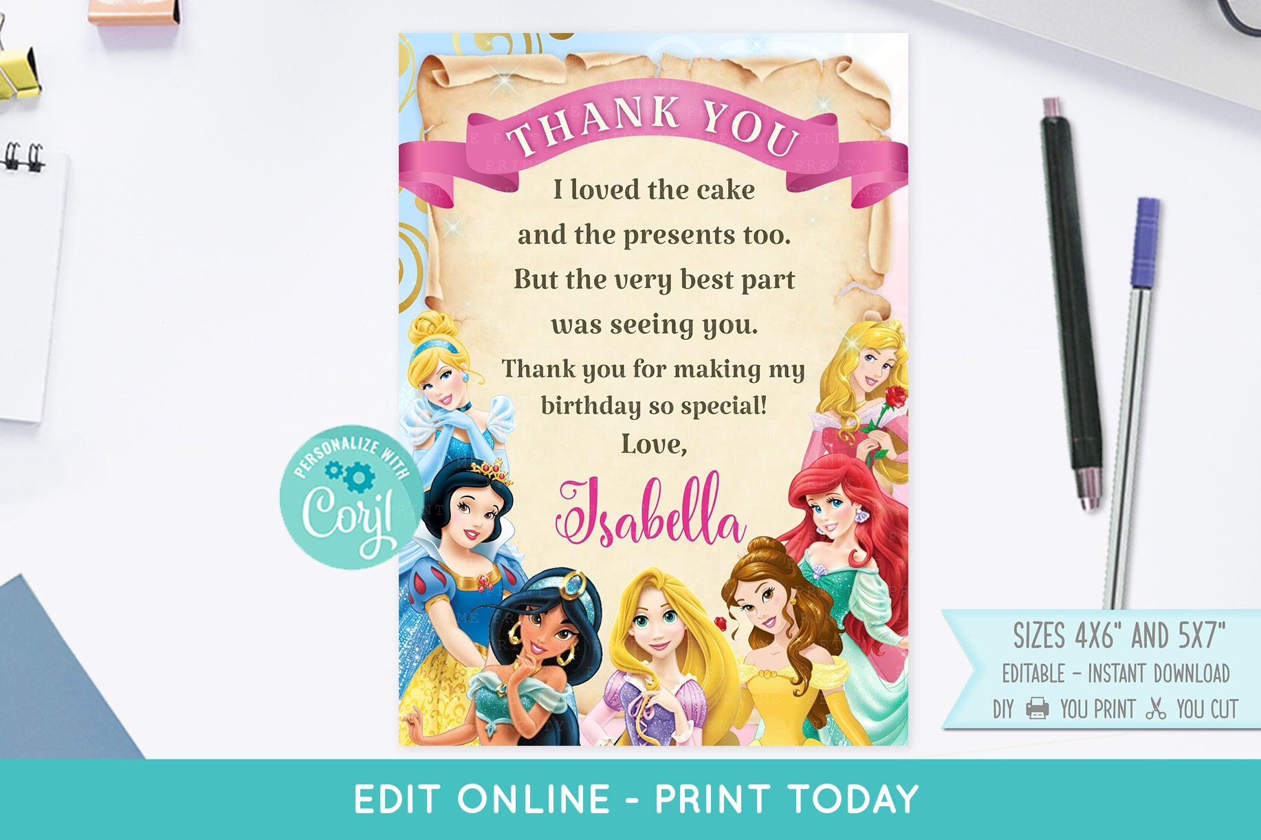 disney-princess-thank-you-card-easy-inviting for Free Printable Princess Birthday Cards Disney Princess Thank You Card – Easy Inviting for Free Printable Princess Birthday Cards