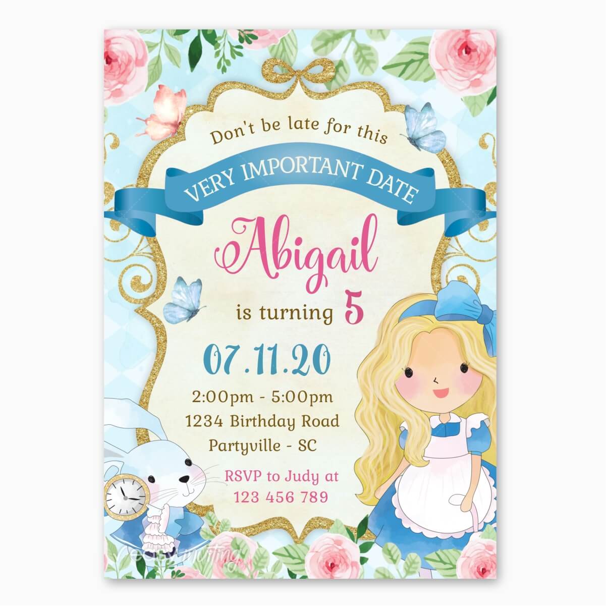 Alice In Wonderland Alice Card Children's Birthday Party Invitations