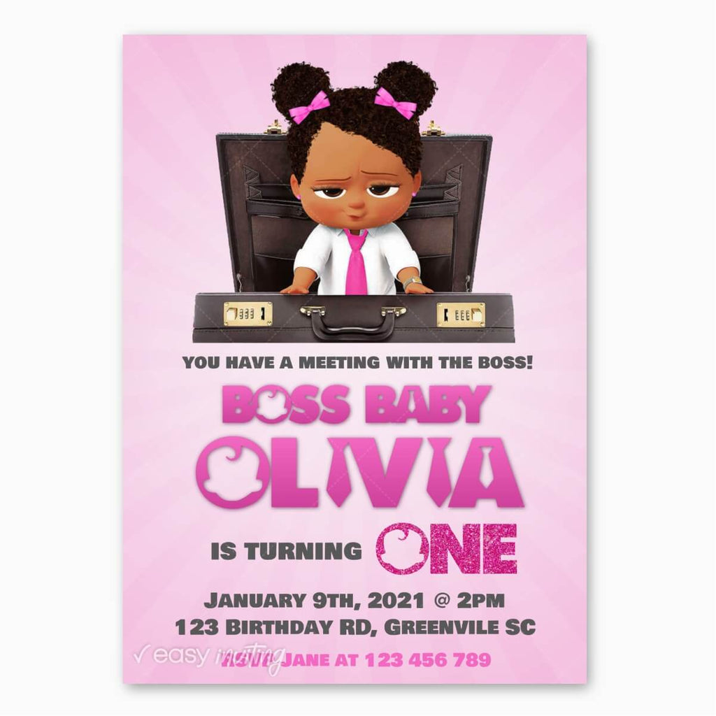 Boss Baby Birthday Invitation - African American Girl - Print Me Pretty