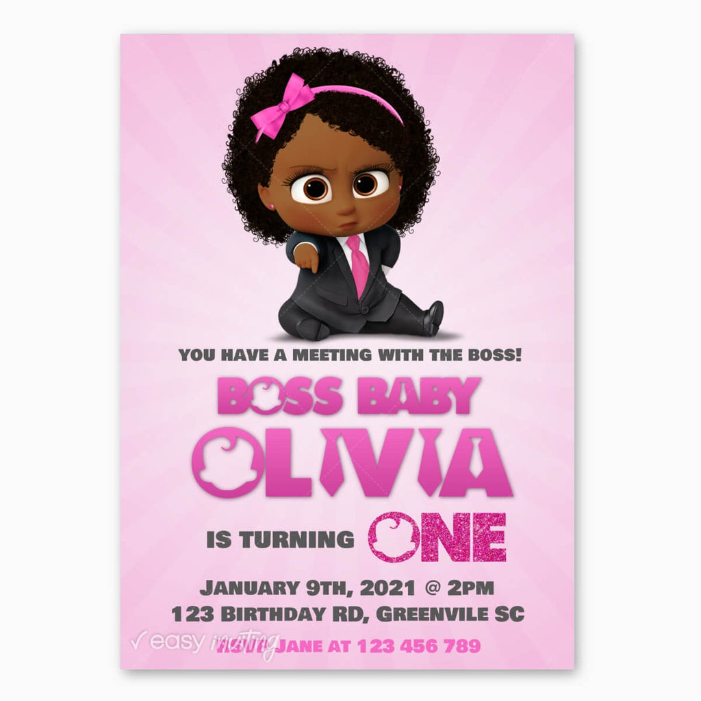 Boss Baby Birthday Invitation - African American Girl - Print Me Pretty