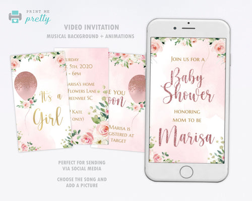 Baby Shower Video Invitation Rose Gold with Flowers - Print Me Pretty