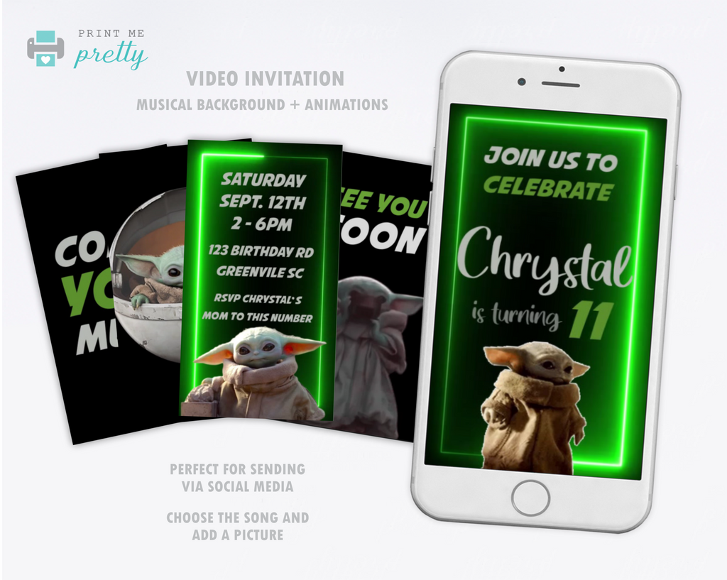 Baby Yoda Birthday Invitation Video Animated Card - Print Me Pretty