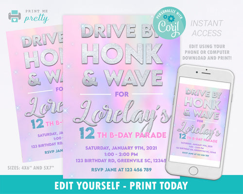 Birthday Parade Invitation Drive By for Girls Tie Dye - Print Me Pretty