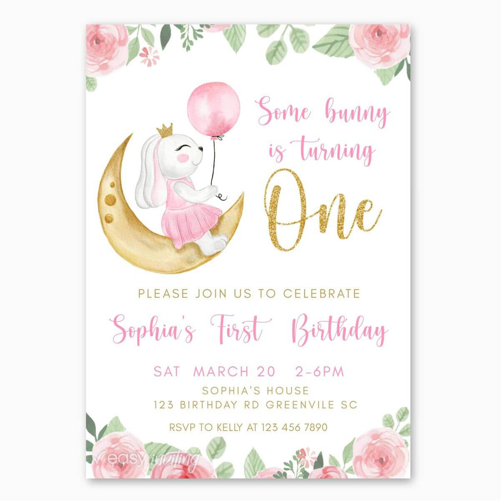 Watercolor Bunny First Birthday Invitation for Girls - Print Me Pretty