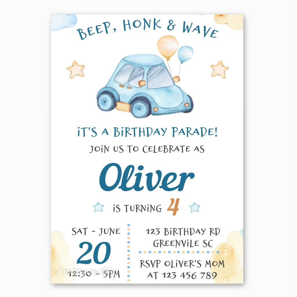 Watercolor Car Birthday Parade Invitation - Print Me Pretty