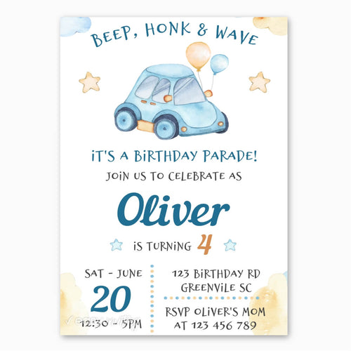 Watercolor Car Birthday Parade Invitation - Print Me Pretty