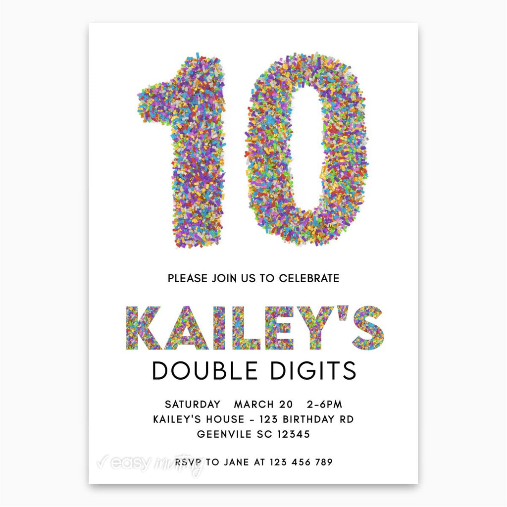 Confetti Double Digits Birthday Invitation - Print Me Pretty