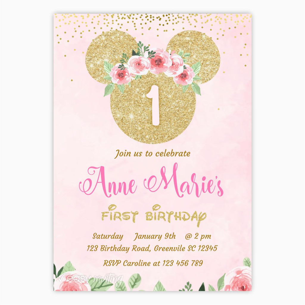 Floral Minnie Birthday Invitation - Print Me Pretty