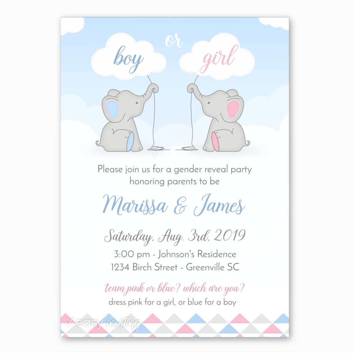 Gender Reveal Invitation with Elephants Easy Inviting