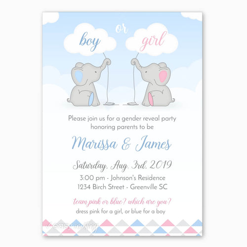 Gender Reveal Invitation with Elephants - Print Me Pretty