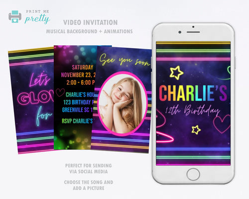 Glow Neon Birthday Invitation Video Animated Card - Print Me Pretty