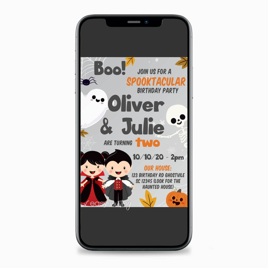 Cute Halloween Birthday Invitation for Twins - Print Me Pretty