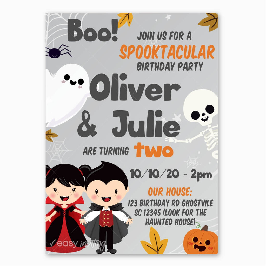 Cute Halloween Birthday Invitation for Twins - Print Me Pretty