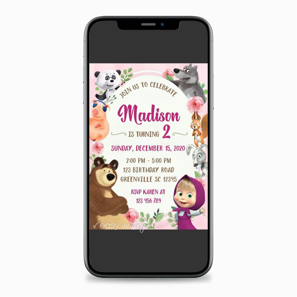 Masha and the Bear Birthday Invitation with Flowers - Print Me Pretty