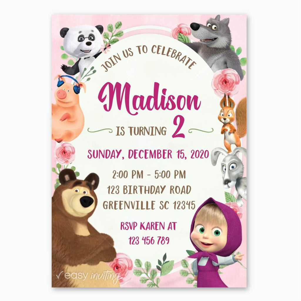 Masha and the Bear Birthday Invitation with Flowers - Print Me Pretty