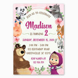 Masha and the Bear Birthday Invitation with Flowers