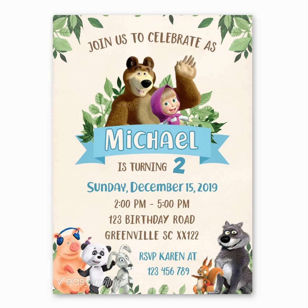 Masha and the Bear Birthday Invitation for Boys - Print Me Pretty