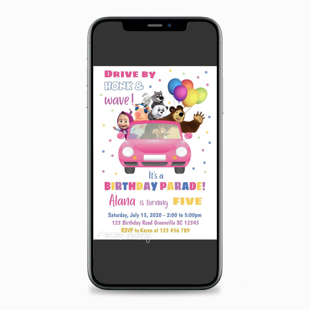 Masha and the Bear Birthday Drive By invitation - Print Me Pretty