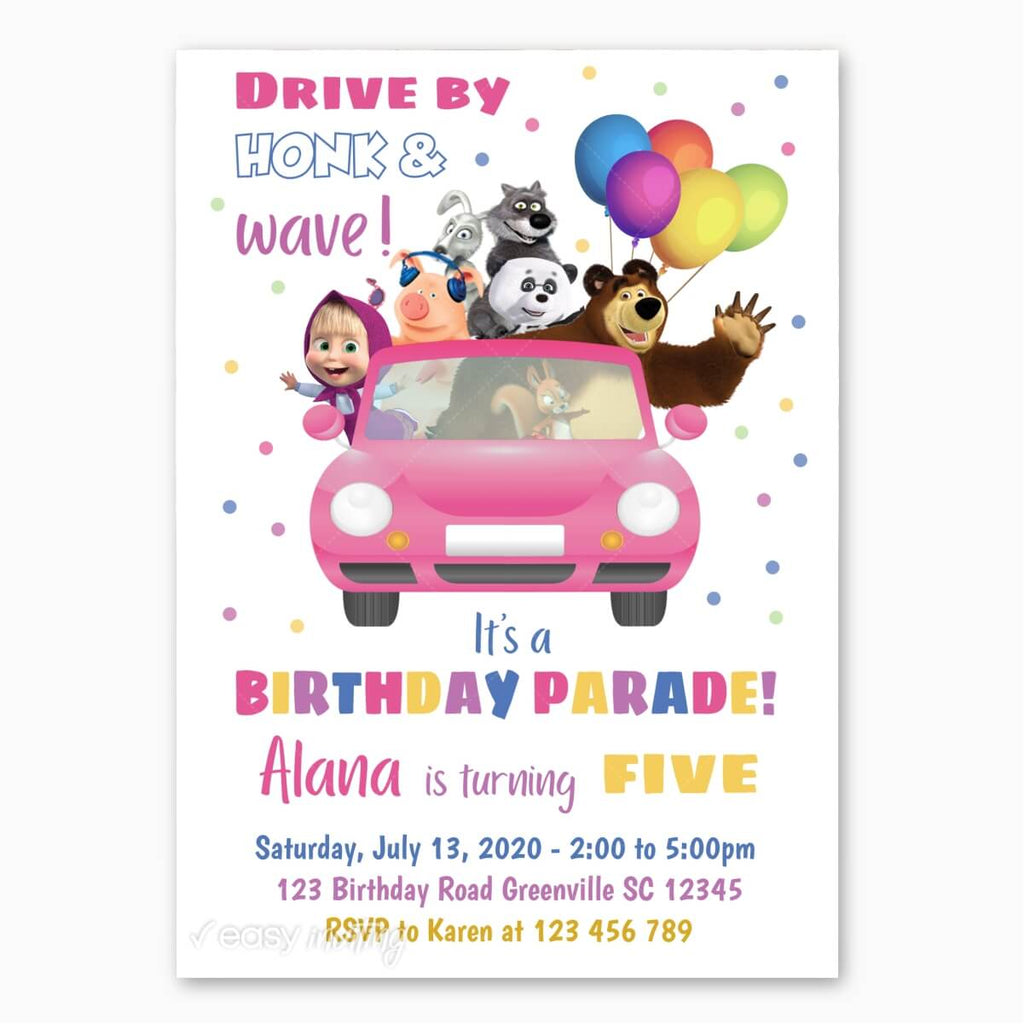 Masha and the Bear Birthday Drive By invitation - Print Me Pretty