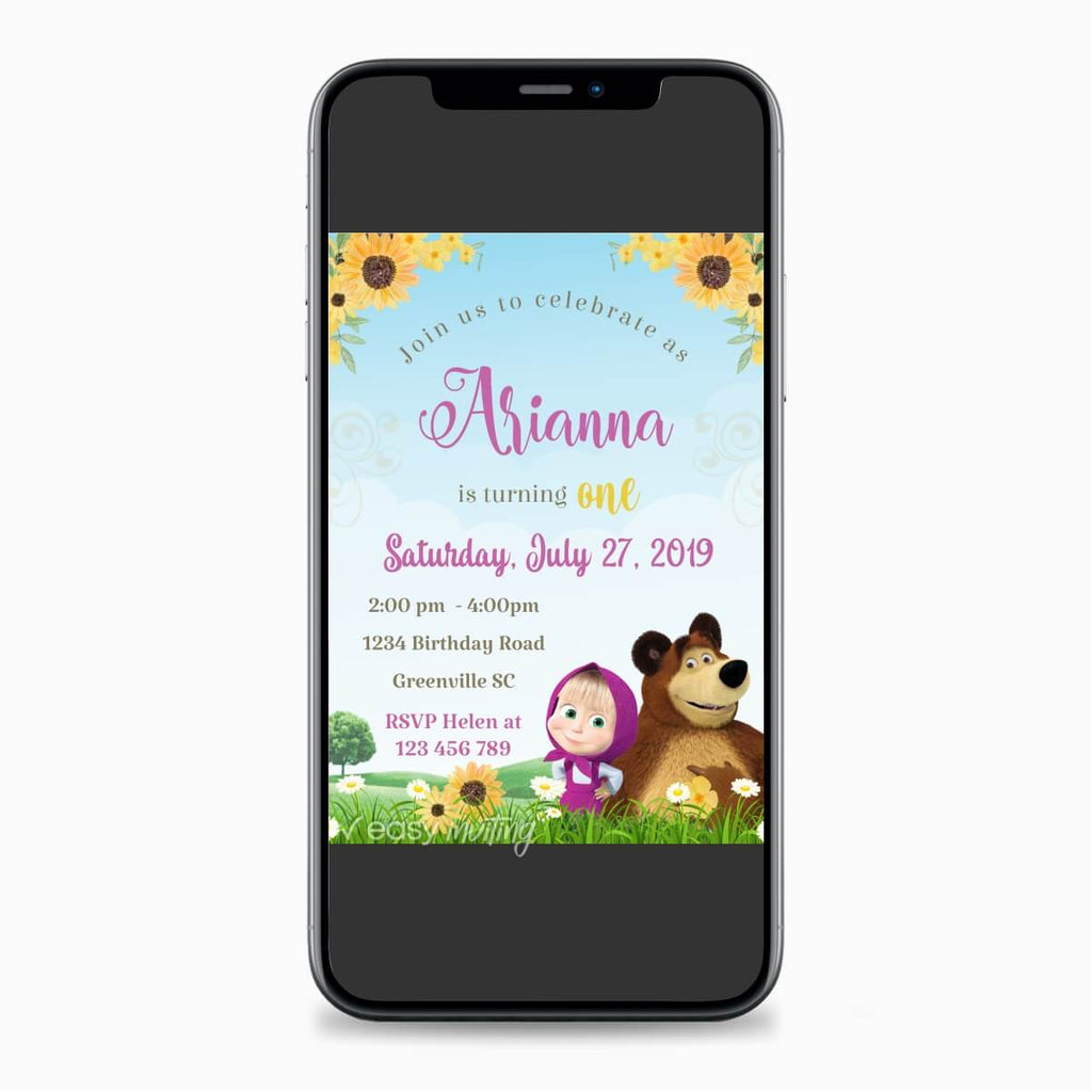 Masha and the Bear Birthday Invitation with Sunflowers - Print Me Pretty