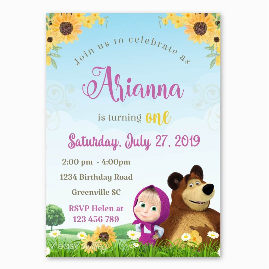 Masha and the Bear Birthday Invitation with Sunflowers - Print Me Pretty