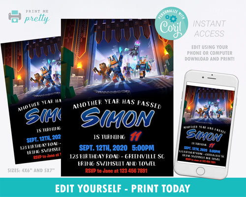 Minecraft Dungeons 2 Birthday Invitation - Print Me Pretty