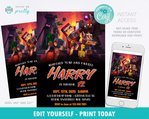 Minecraft Dungeons Birthday Invitation - Print Me Pretty