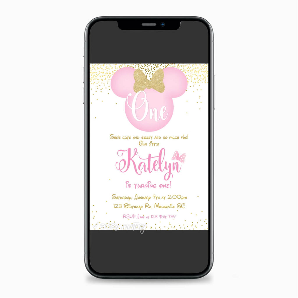 Pink and Golden Minnie Mouse Invitation - Print Me Pretty