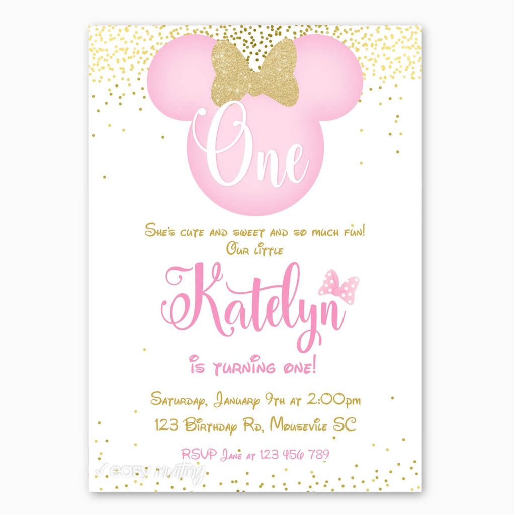 Pink and Golden Minnie Mouse Invitation - Print Me Pretty