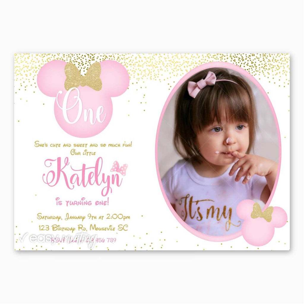 Pink and Golden Minnie Mouse Invitation for Girls with Photo - Print Me Pretty