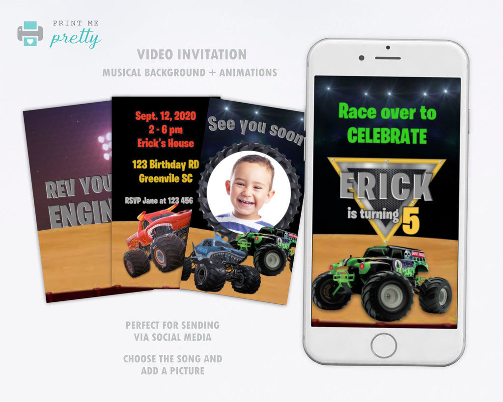 Monster Jam Video Invitation | Monster Truck Birthday invitation - Print Me Pretty