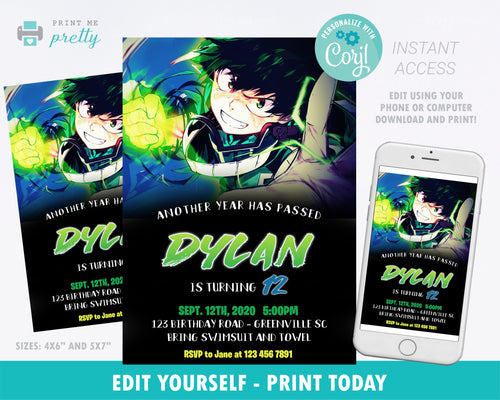 Midoriya Deku My Hero Academia Birthday Invitation - Print Me Pretty