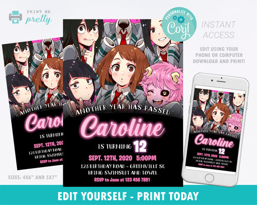 The girls from My Hero Academia Birthday Invitation Printable - Print Me Pretty