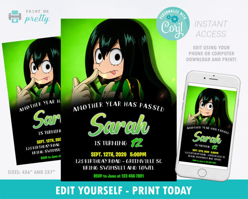 My Hero Academia Tsuyu Asui Birthday Invitation Printable - Print Me Pretty