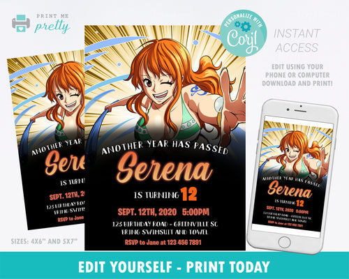 Nami One Piece Anime Birthday Invitation Evite - Print Me Pretty