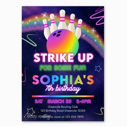 Neon Bowling Birthday Invitation for Girls - Print Me Pretty