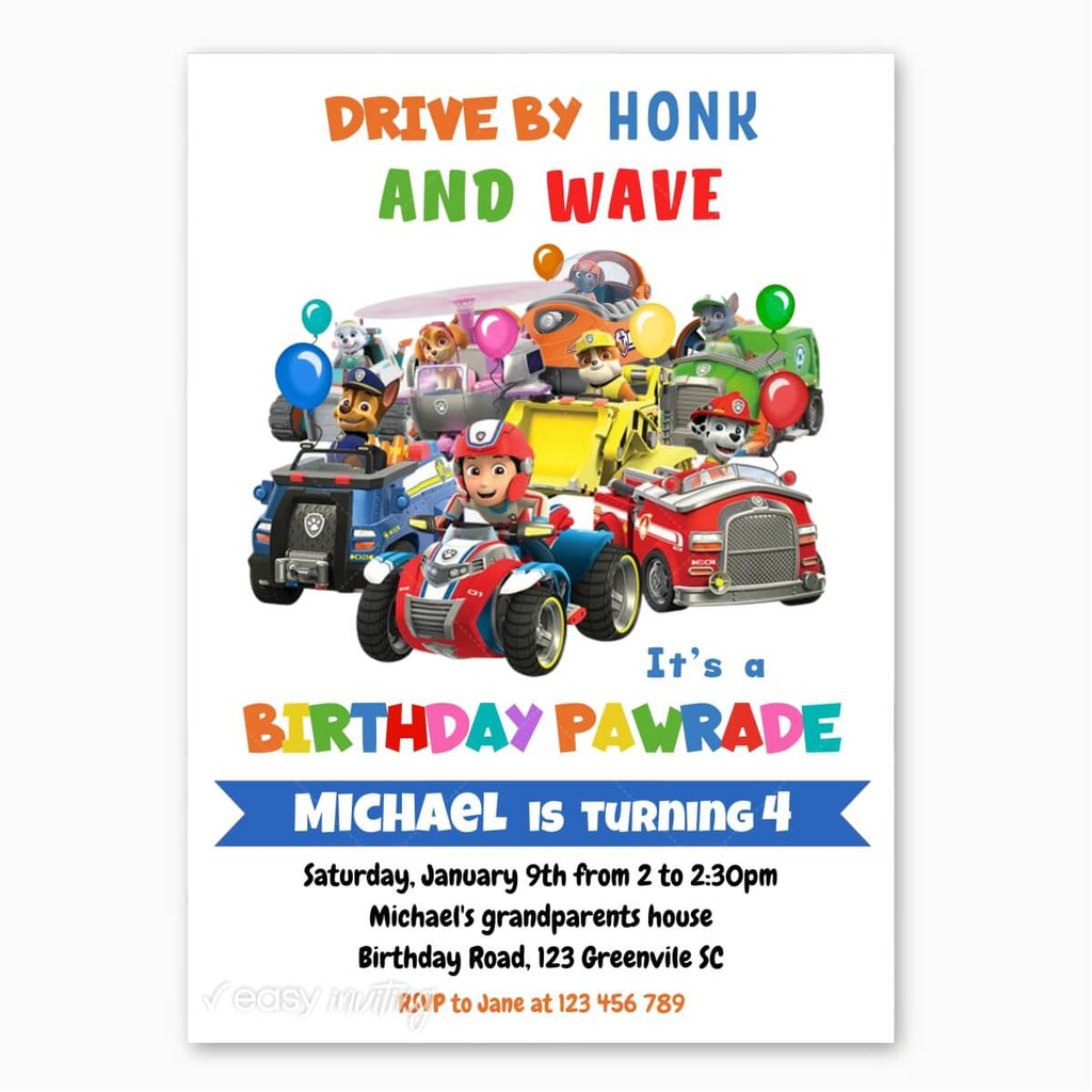 Paw Patrol Birthday Drive-by Parade Invitation - Print Me Pretty