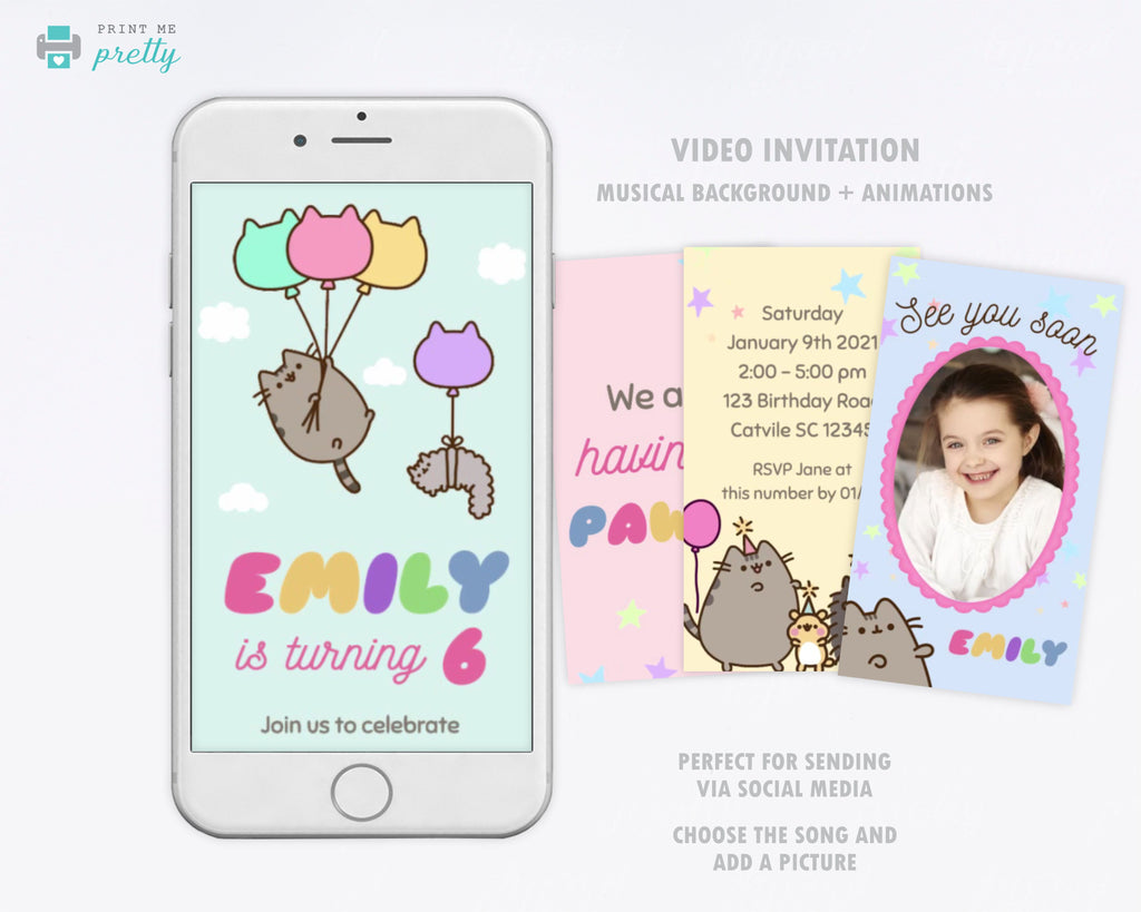 Pusheen Birthday Invitation Video Evite - Print Me Pretty