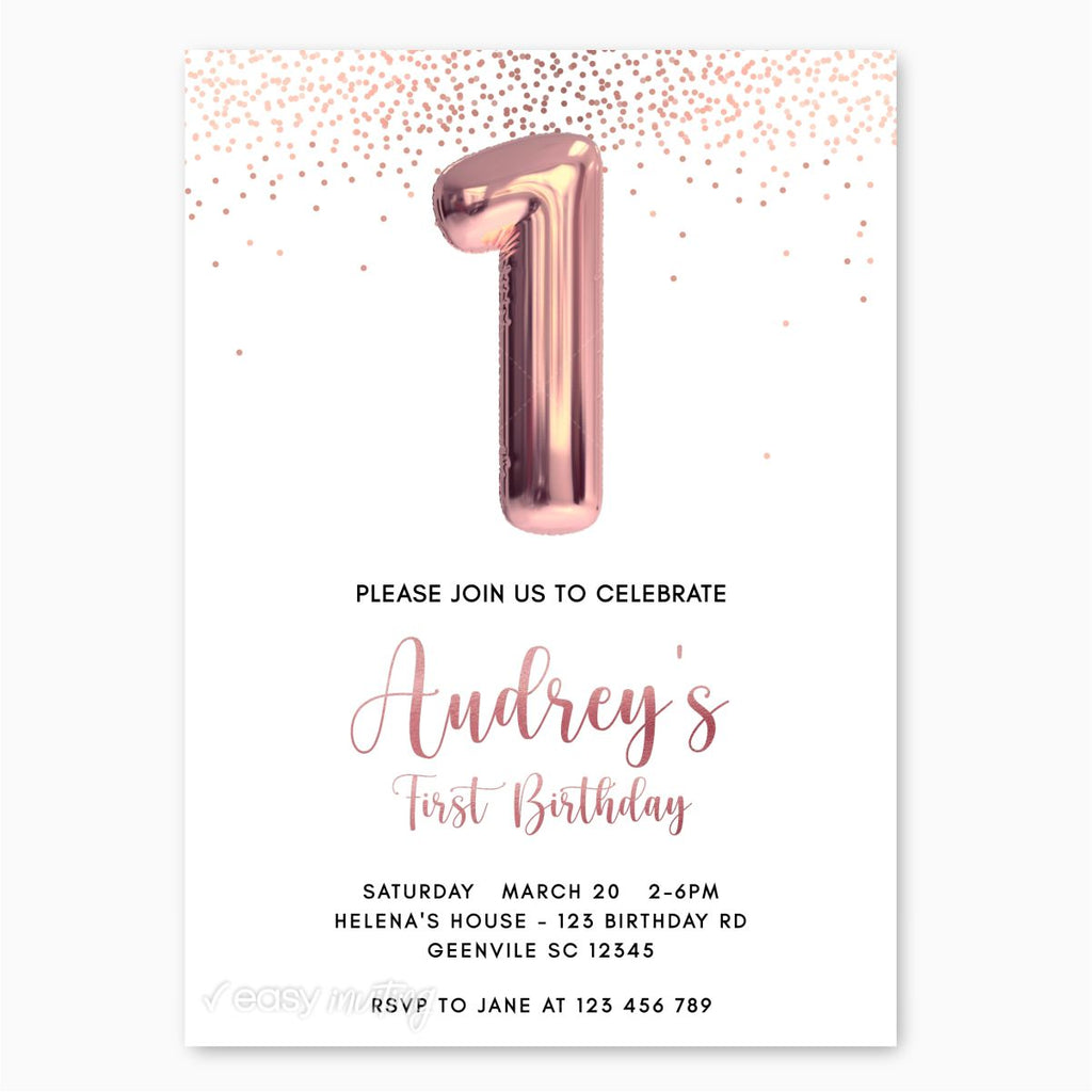 Rose Gold Balloon First Birthday Invitation - Print Me Pretty