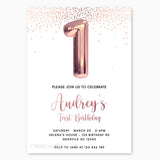 Rose Gold Balloon First Birthday Invitation