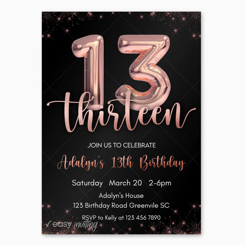 Rose Gold 13th Birthday Invitation - Print Me Pretty