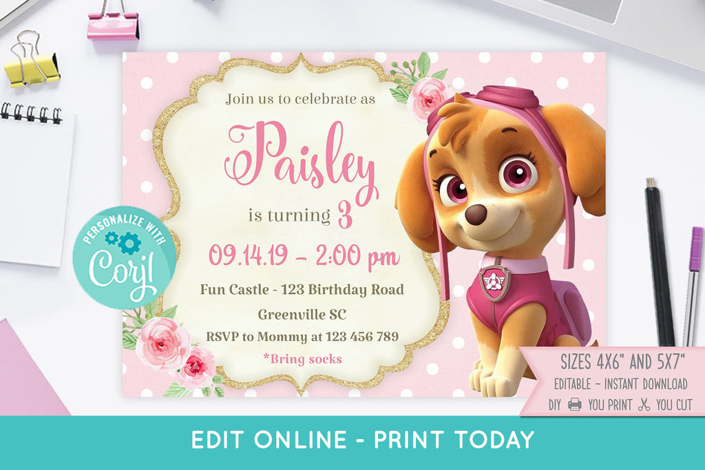 Skye Paw Patrol Birthday Invitation - Print Me Pretty