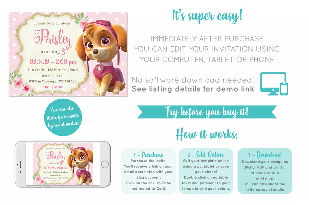 Skye Paw Patrol Birthday Invitation - Print Me Pretty