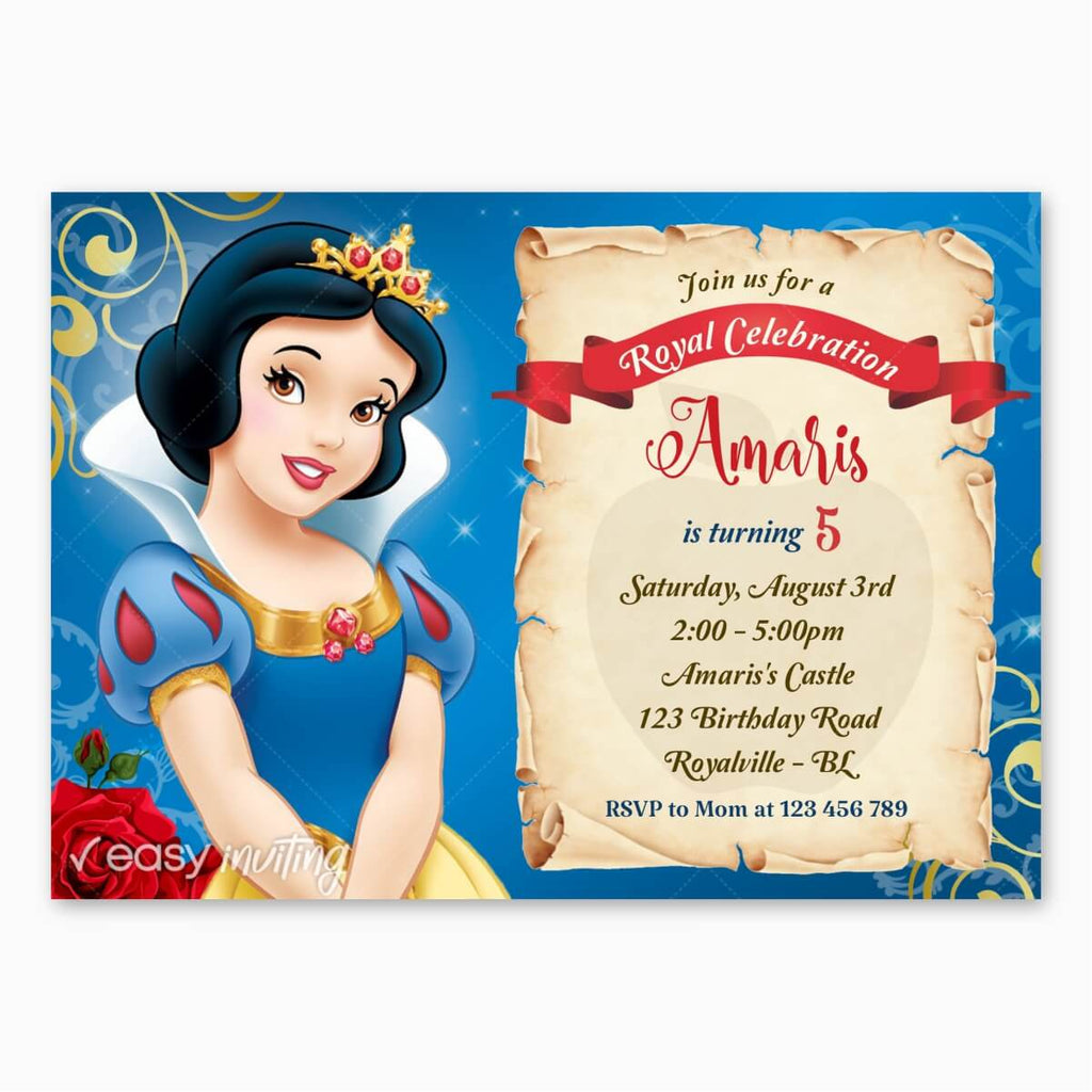 Snow White First Birthday Party Invitation, One, 1st, Digital or Printed